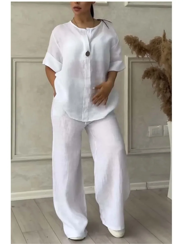 Spring Autumn Fashion Cotton And Linen Solid Two Piece Set Women Causal Loose V-neck Top Wide Leg Pants 2 Piece Sets Woman