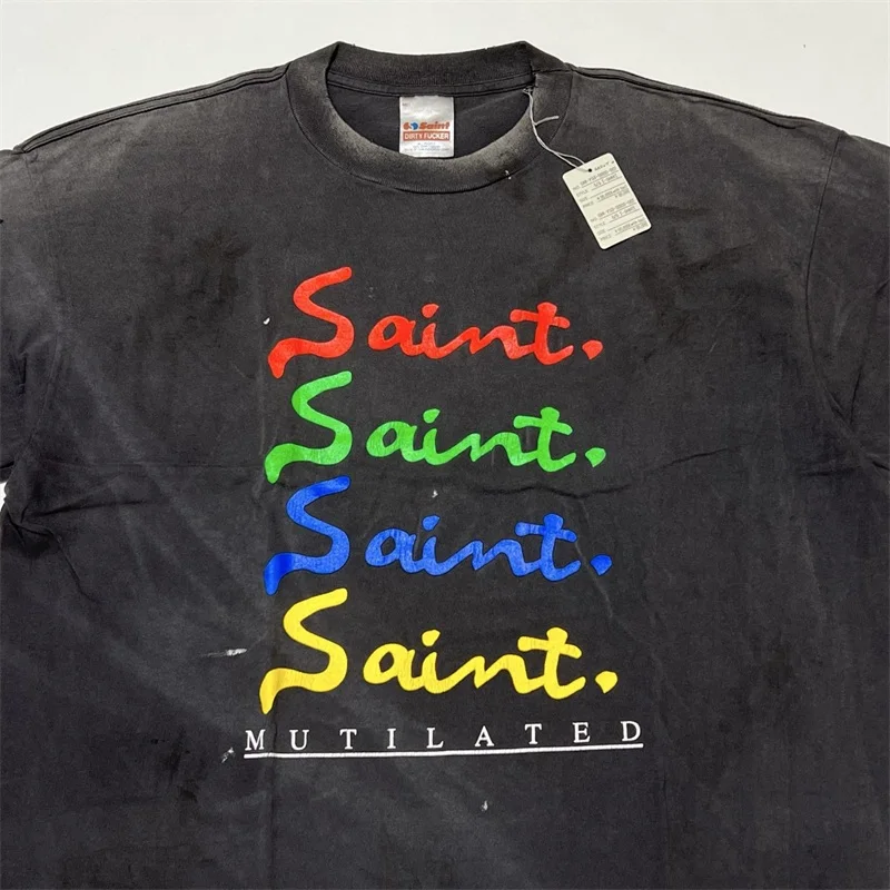 Vintage SAINT Mxxxxxx Washed Black Short Sleeved T-shirts Men Women 1:1 Best Quality Pure Cotton Oversized T Shirt