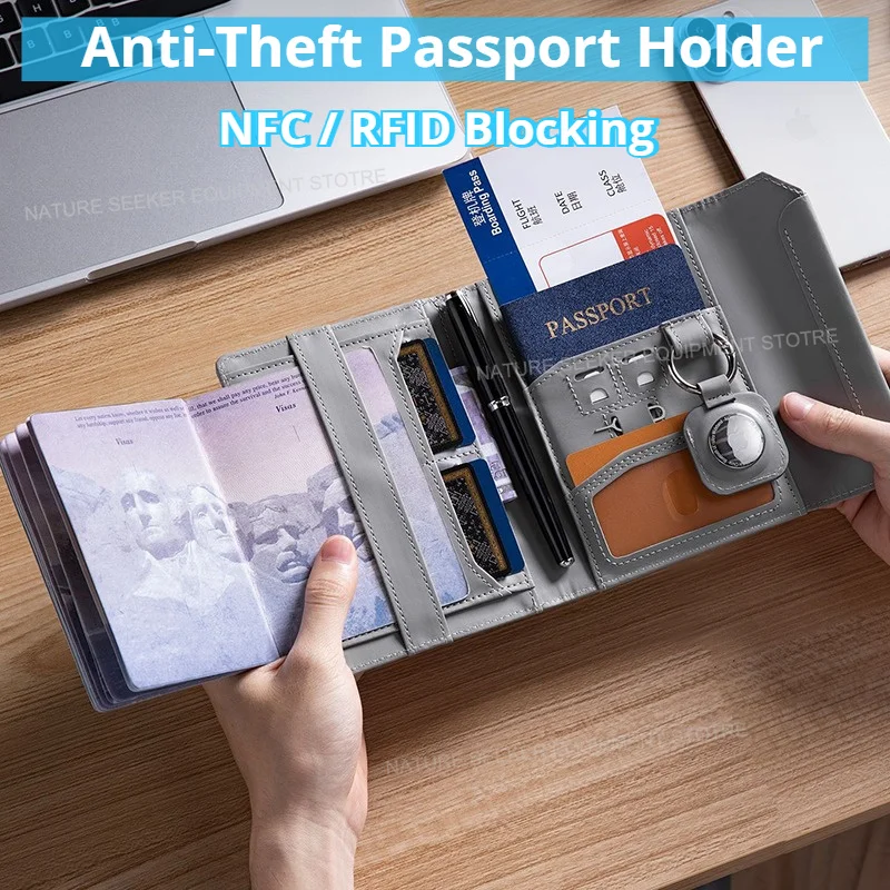 Anti-theft Passport Bag AirTag Storage Space Card Holder RFID/NFC Blocking Bag Business Travel Abroad Ticket Organizer