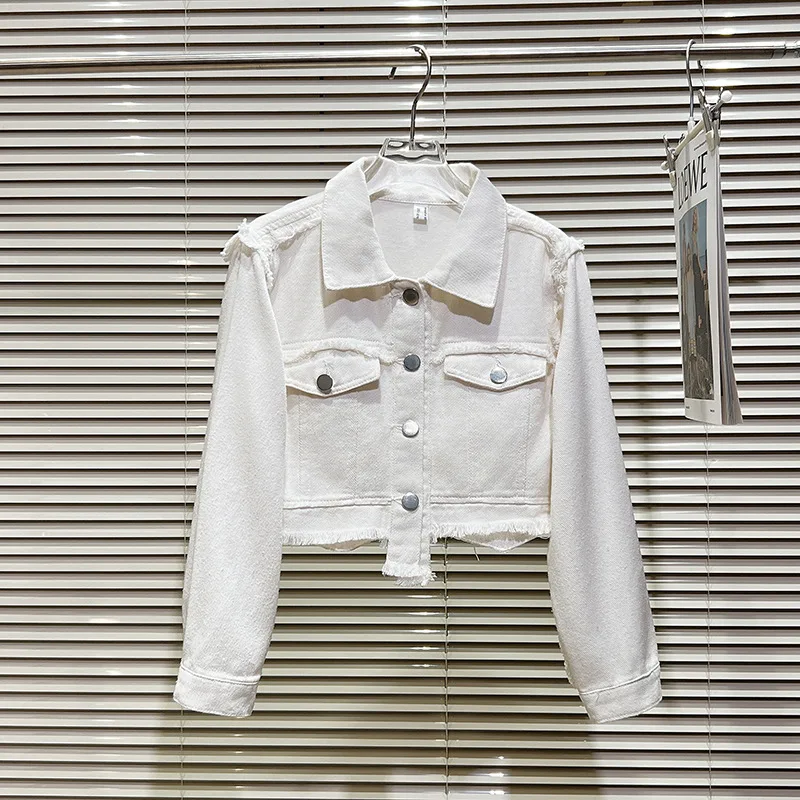 

Белое джинсовое пальто для маленьких девочек, весенняя джинсовая куртка 2025 года, корейская детская одежда, укороченный топ, рваная винтажная пуговица от 3 до 16 лет