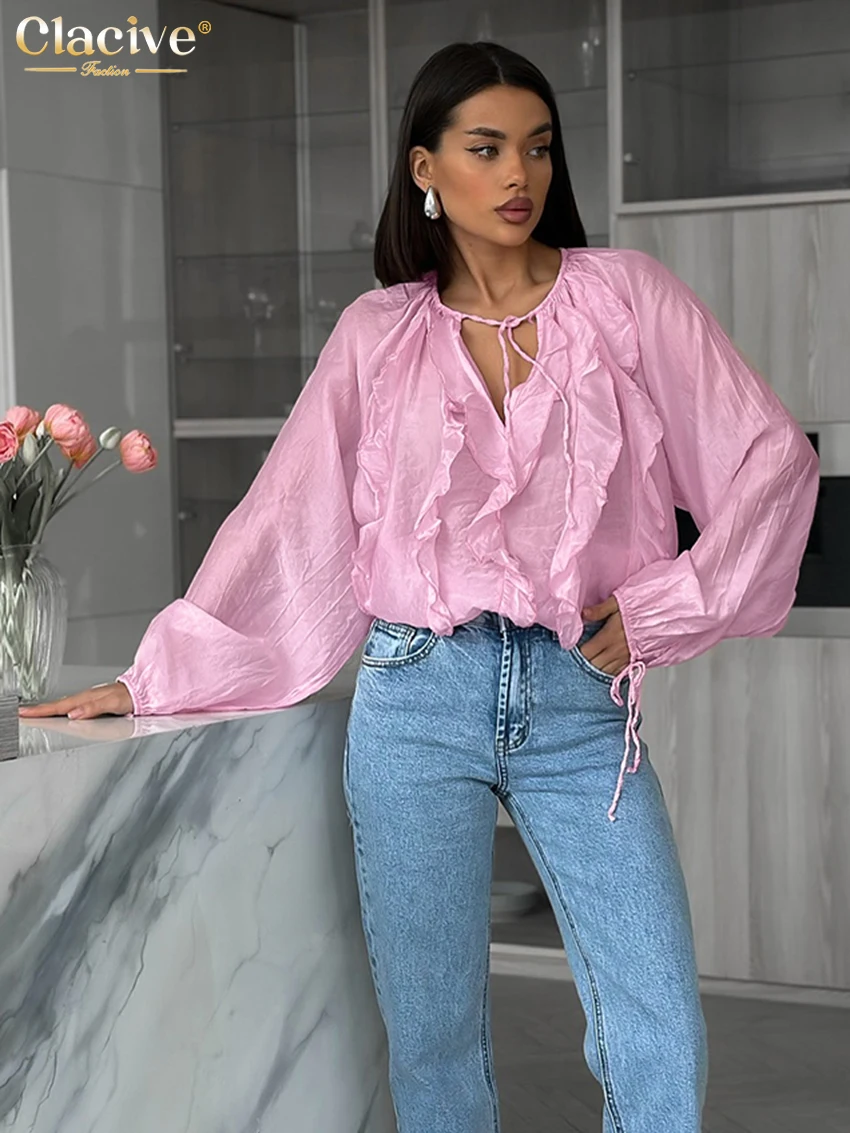 Clacive Casual Loose Blue Women's Shirt 2025 Sexy V-Neck Long Sleeve Shirts Elegant Classic Ruffle Lace-Up Tops Female Clothing