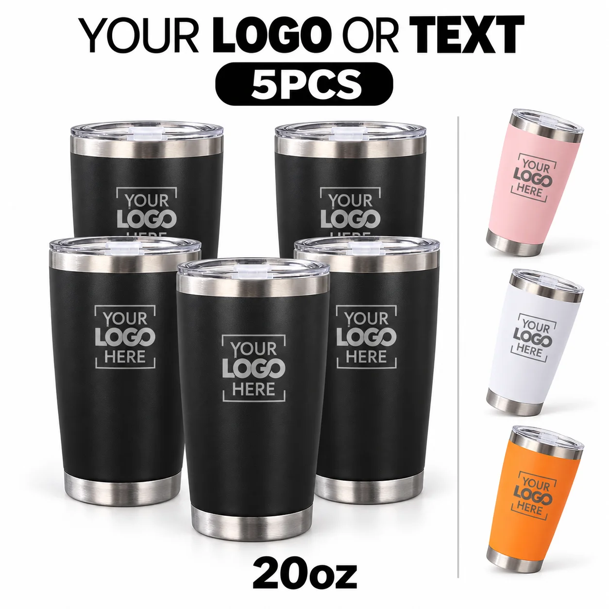 5PCS Custom Logo Tumblers Personalized 20oz Stainless Steel Insulated Cups Bulk Business Team Corporate Promotional Gifts