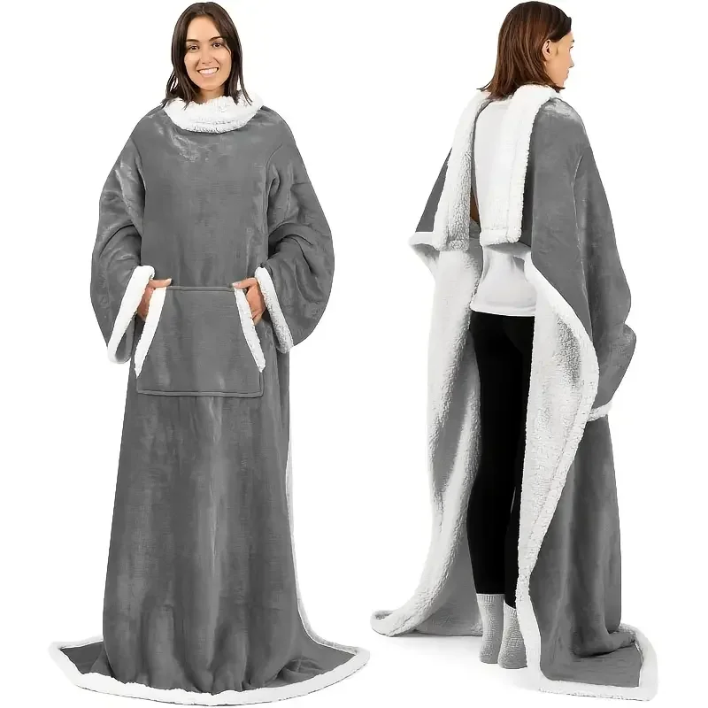 Acogedora manta de franela con puños y bolsillos, chal de TV suave para hombres y mujeres, regalo perfecto para mamá, ajuste cálido y cómodo para sofá o cama