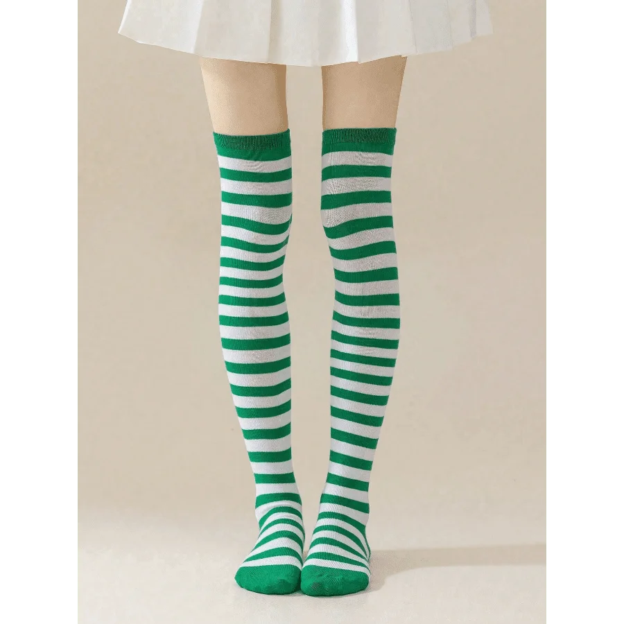 1 Pair Women Christmas Fine Striped Over-The-Knee Socks, Green & White Striped Knee-High Socks, Suitable For Stage Performance, Christmas Party sc260731111637223295125