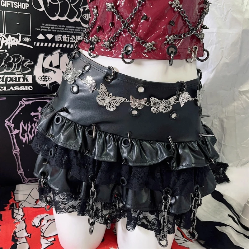 Punk Dark Y2K Hot Girl Spitze Nietenkette Damen Minirock Original Design Vielseitig Schwarz PU Leder Kuchen Kurze Röcke Damen