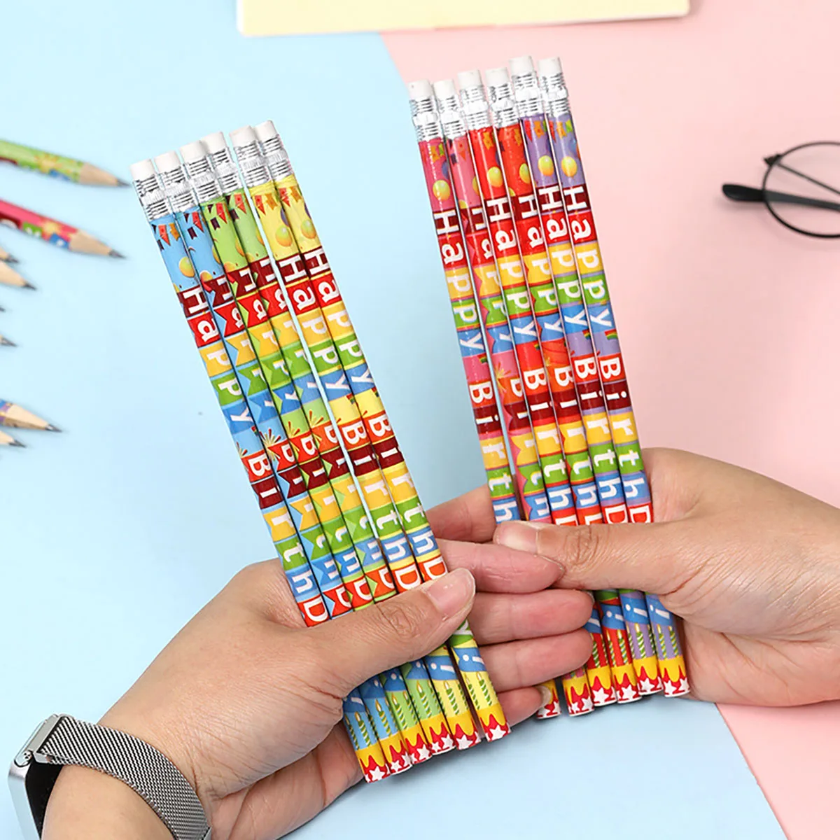 36/50/90/120 Pieces of Cute Cartoon Round Pencils with White Eraser Tips, Happy Birthday Pencils, Colorful Printed Birthday Pencils, Teacher Classroom Rewards, Party Gift Supplies