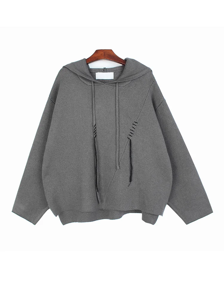 

Gray Topstitched Big Size Knitting Sweater Hooded Long Sleeve Women Pullovers New Fashion Tide Autumn Winter 2022 C669