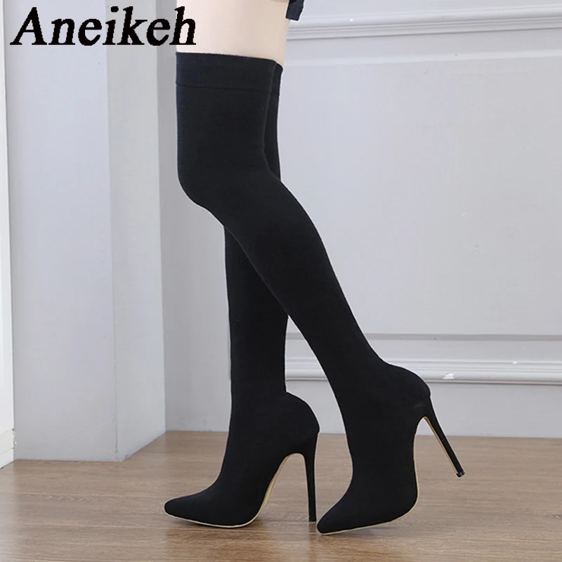 Aneikeh 2024 Fashion Sexy Pointed Nightclub Pole Dance Over Knee Sock Boots Women\'s Spring/Autumn Stretch Fabric Chelsea Boots