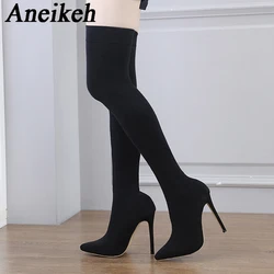 Aneikeh 2024 Fashion Sexy Pointed Nightclub Pole Dance Over Knee Sock Boots Women's Spring/Autumn Stretch Fabric Chelsea Boots