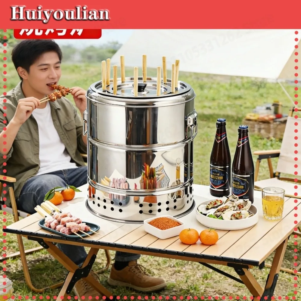Portable Smokeless Charcoal Grill 20 Skewers Stainless Steel Hanging BBQ Stove for Camping Outdoor Cooking