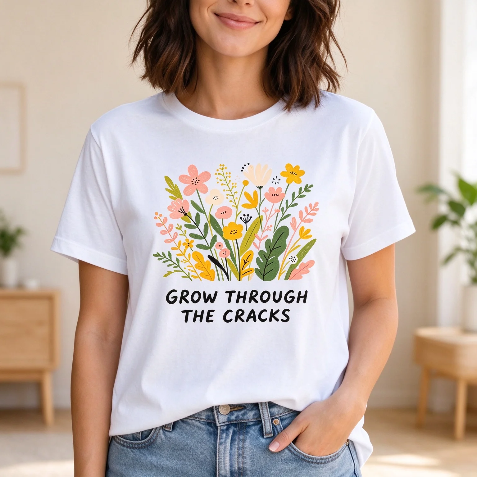 Women Grow Through The Cracks Inspirational Wildflower Positive Mental Health Floral Graphic Short Sleeve T Shirt