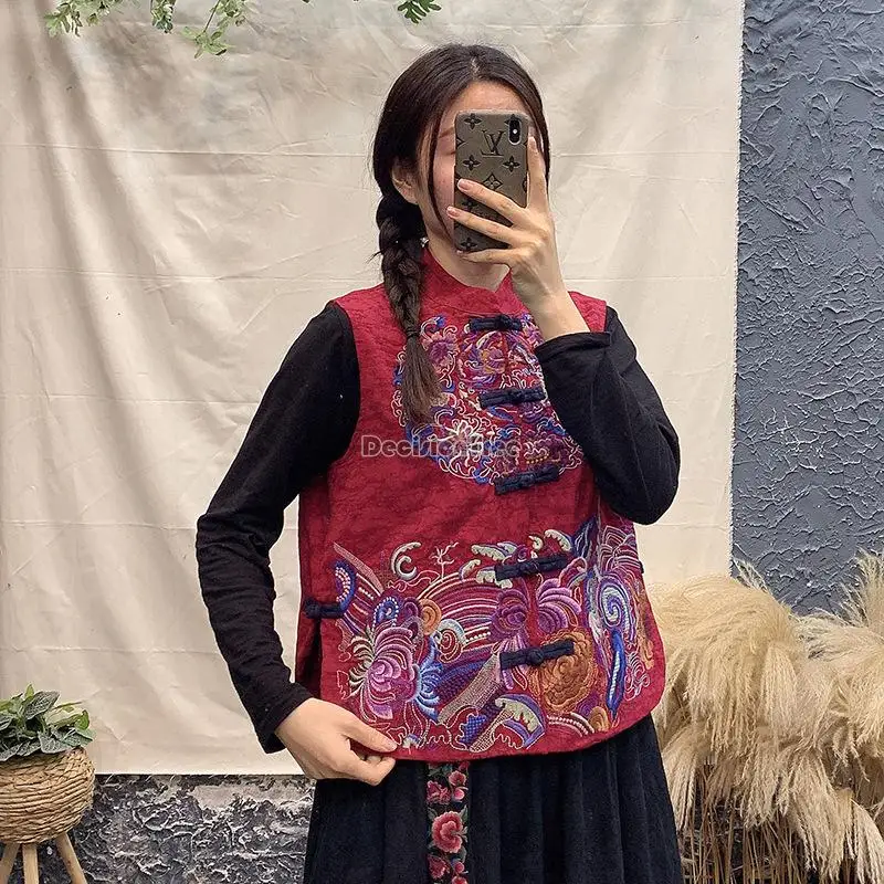 女性のための中国の刺繍が施されたノースリーブベスト,エレガントなコットンリネンベスト,中国のベスト