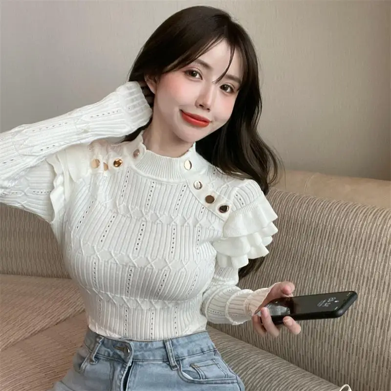 Ladies Korean Fashion Vingate White Ruffle Feifei Sleeve Sweater Women Sexy Tops Female Girls Casual Knitted Pullover Sweaters