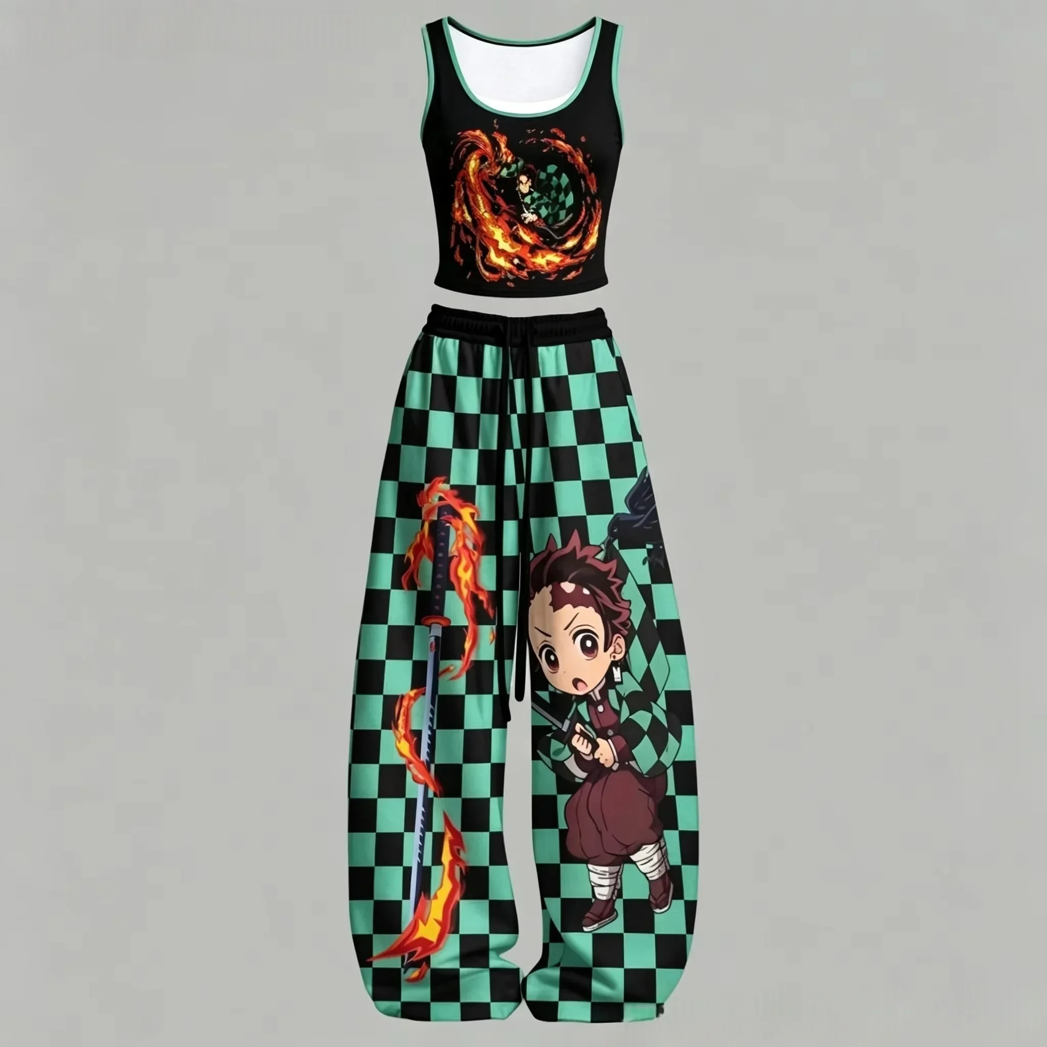 Men/Women Japanese Anime Print 2 Piece Outfit Y2K Streetwear Crop Tank Top + Wide Leg Pants Set Casual Sportswear Tracksuit Kids