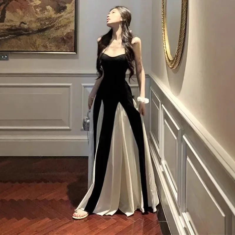 Dames zomerontwerp gevoel taille a-woord rok grote slinger vloer lange jurk Franse contrasterende kleur splitsen jarreteljurk