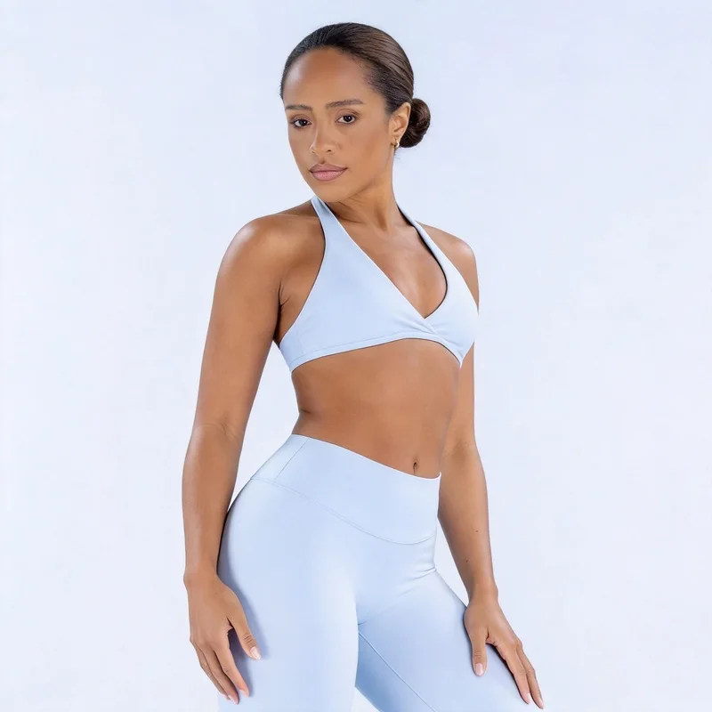 Yoga Bra Women Halter Neck Deep V Yoga Bra Padded Stretch Quick Dry Wrap Front Top Gym Workout Sports Crop Top Fitness Clothes