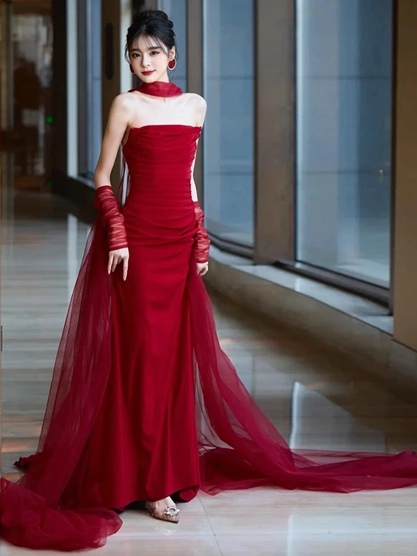 

Red Wine Color Bridesmaid Gown Strapl Fi Tail Evening Dr Wedding Morning Robe Luxury Engagement Par Dr