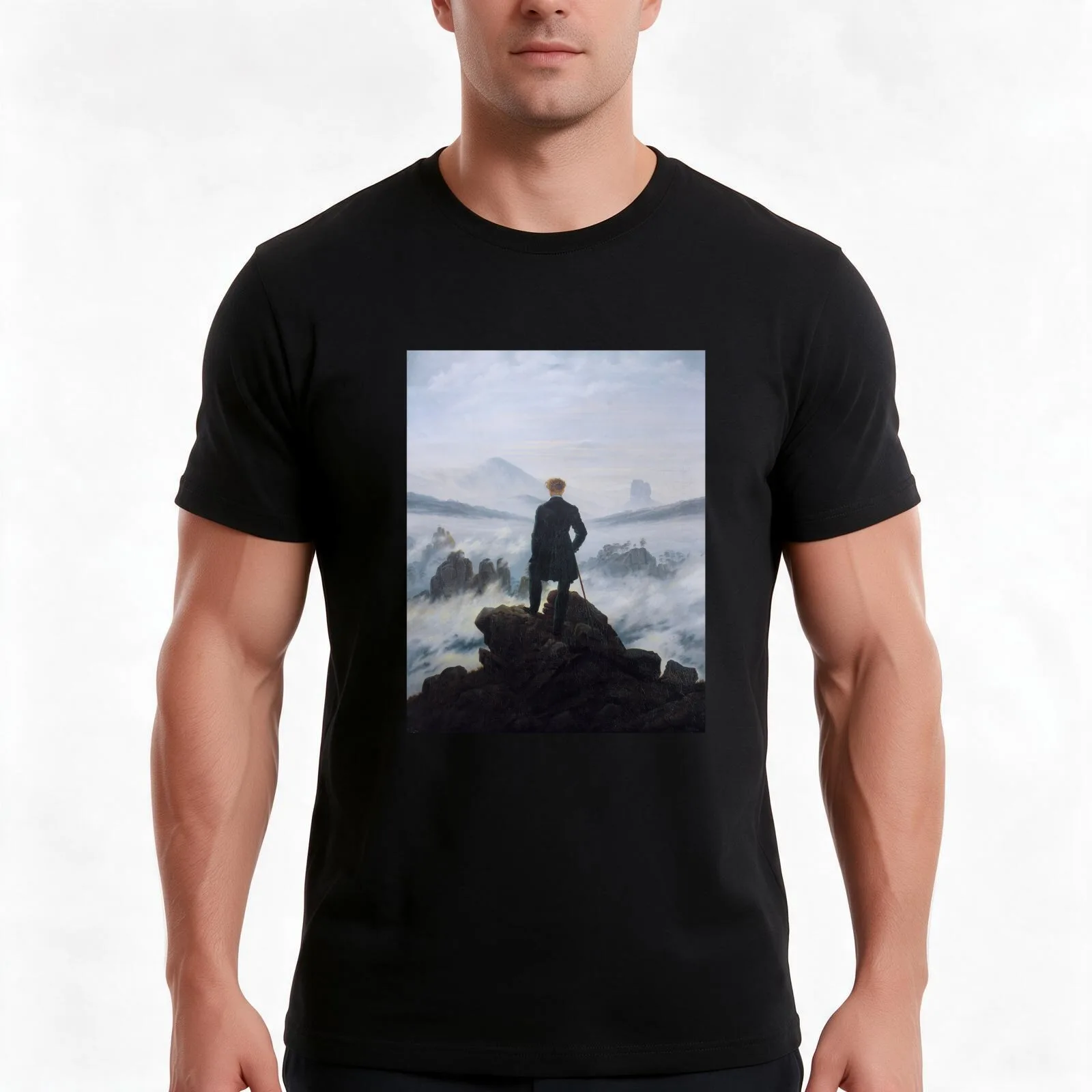 Wanderer above the Sea of Fog - Caspar David Friedrich, 1818 T-Shirt, Summer Casual Cotton Tee, Oversized Streetwear Tops