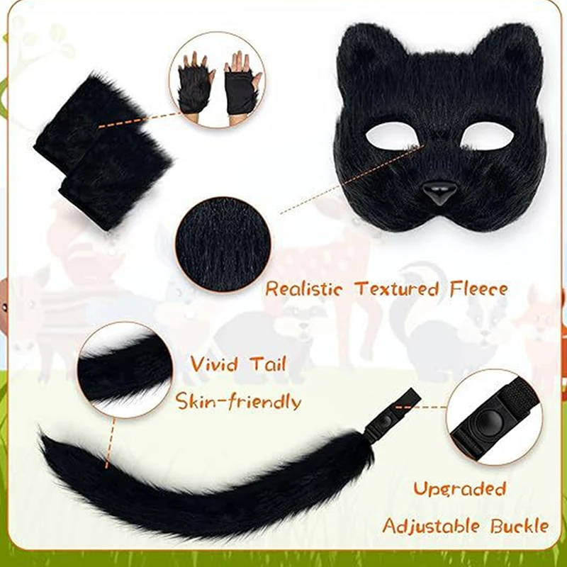 4PCS Faux Fur Cat Ears Hair Clip Furry Wolf Fox Long Tail Costume Halloween Party Neck Chocker Wolf Cosplay Set Mask Wolf Tail