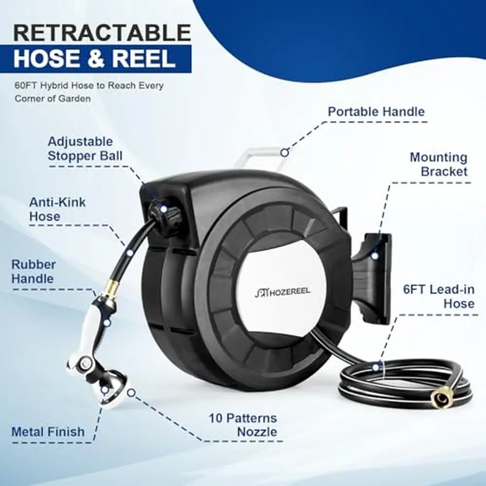 Retractable Garden Hose Reel 100ft Hybrid Rubber Automatic Rewind Storage 10 Patterns Nozzle 1/2" Water Reels Brass Fittings