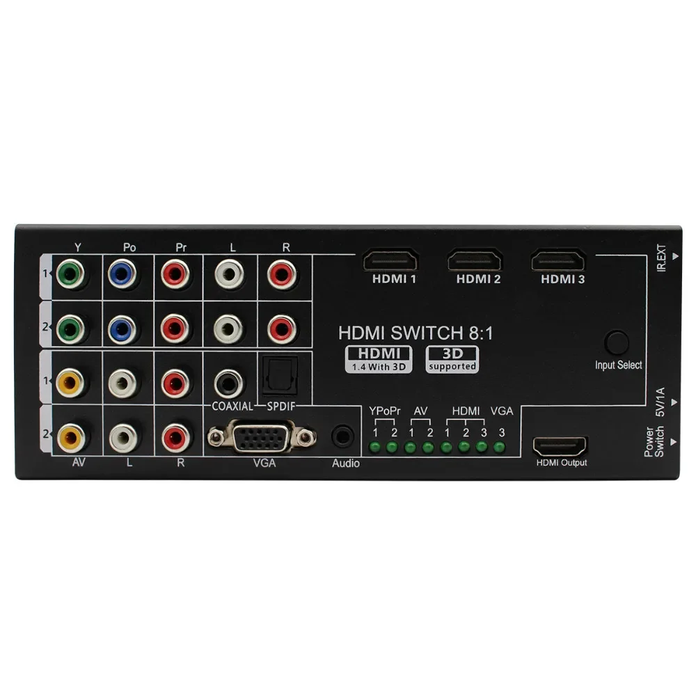 

Multi-functional HDMI Converter Switch 8 Inputs to HDMI+COAXIAL+SPDIF Output Support 3D and Surround Sound for 1080P HDTV