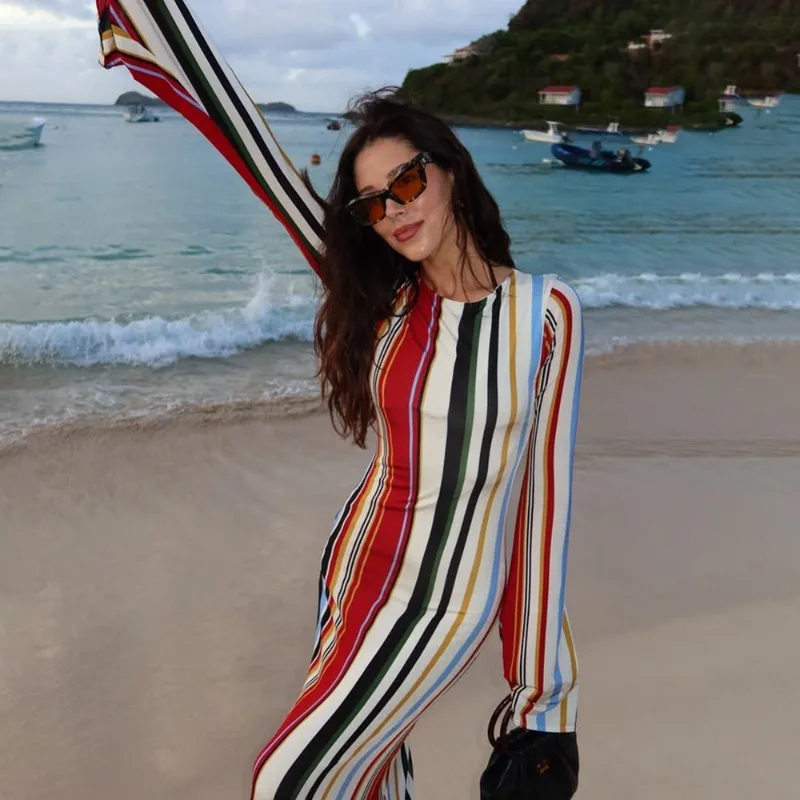 FL New Bohemian Holiday Casual High Street Hot Girl Draped Long Dress Slimming Curve Print Stripes Figure-Revealing Dress 2026