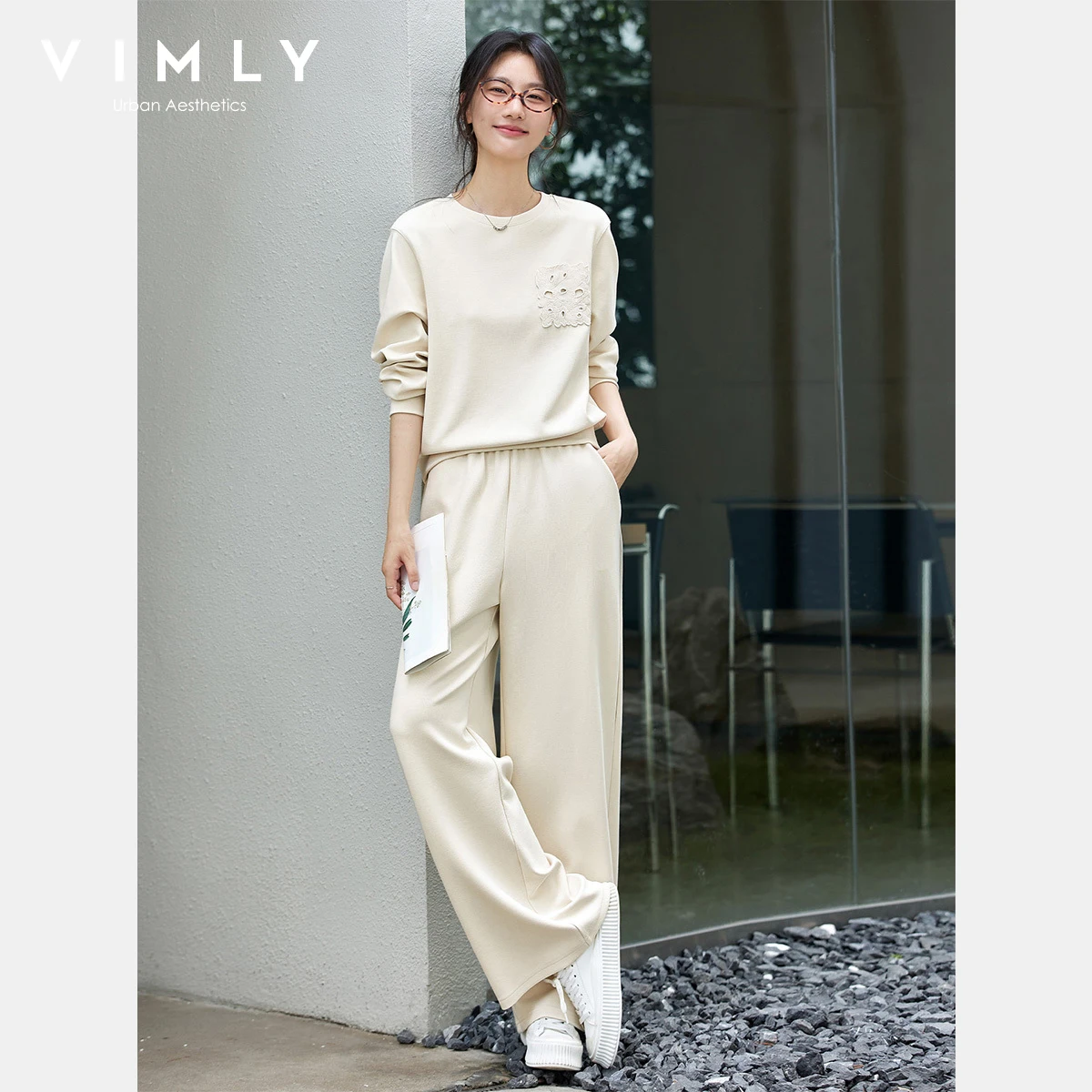 

VIMLY Apricot Autumn Women's Pant Suit 2025 Sporty Hollow Out Pockets Knitted Tops Wide Legs Trousers Woman Two-piece Set A1967