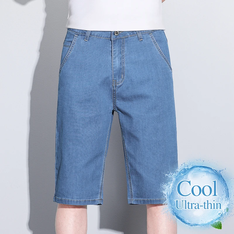 Summer Thin Soft Ice Silk Denim Shorts Men's Cool Comfort Loose Straight Short Jeans Fashion Knee-length Business Casual Pants