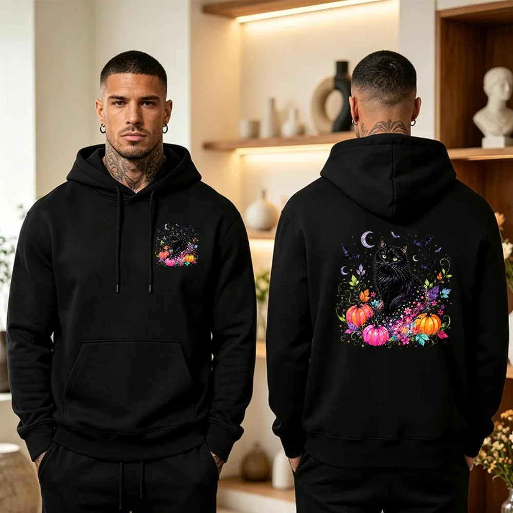 Halloween Retro Black Cat Hoodie Floral Pumpkin Bats Moon Graphic Pullover Cozy Beige Women Unisex Fall Winter Sweatshirt Top