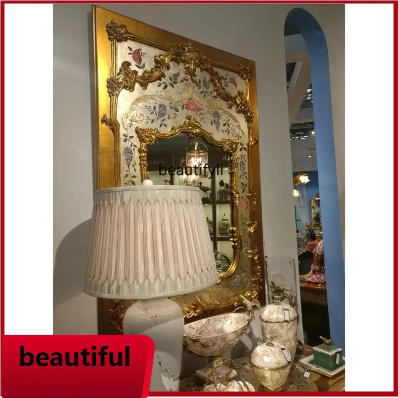 

f156 American rural luxury new Chinese gold entrance mirror, gold foil retro hand-painted rectangular decorative mirror