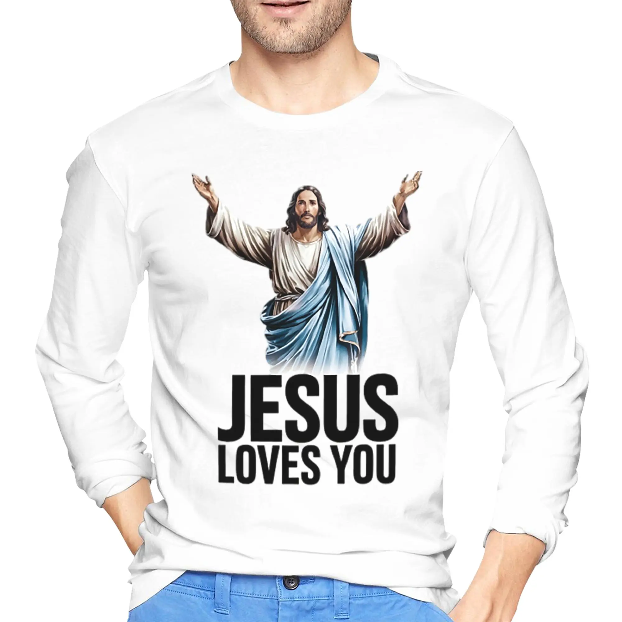 

Мужская футболка с длинными рукавами «Иисус любит тебя», модные футболки с круглым вырезом, весенние и осенние мужские топы