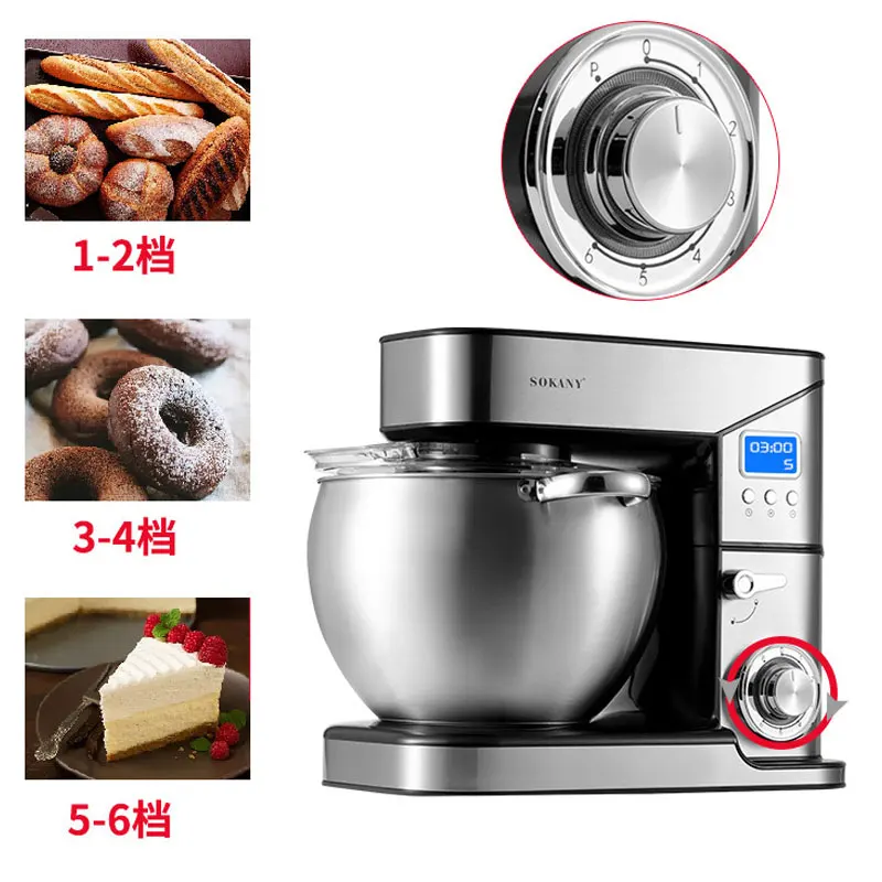 Sokany 2000W 10L Robot da cucina Miscelatore planetario Ciotola in acciaio inossidabile Crema a 6 velocità Frusta per uova Frusta Impastatrice Frullatore con timer