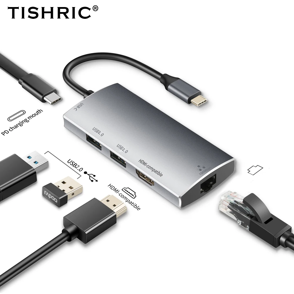 

TISHRIC Тип C концентратор 5 в 1 Тип C в Hdmi совместимый PD Power 2 порта USB 1080 интерфейс Поддержка HD p/4K док-станция для изображений