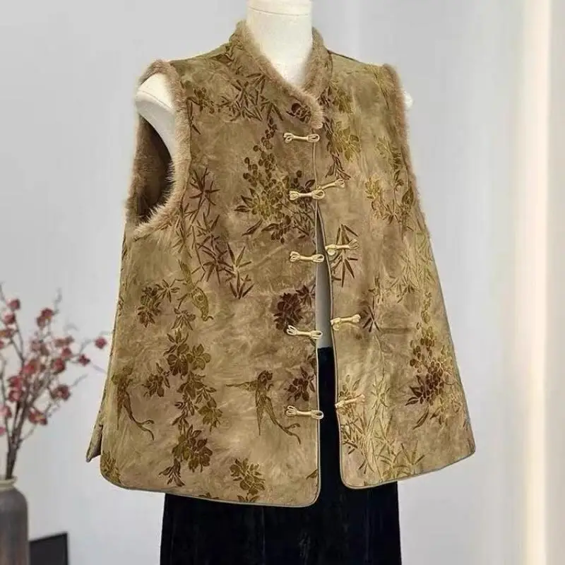 

Новая осенне-зимняя женская безрукавка в китайском стиле, элегантный топ на пуговицах, жаккардовая блузка-ципао с цветочным узором, куртка-жакет