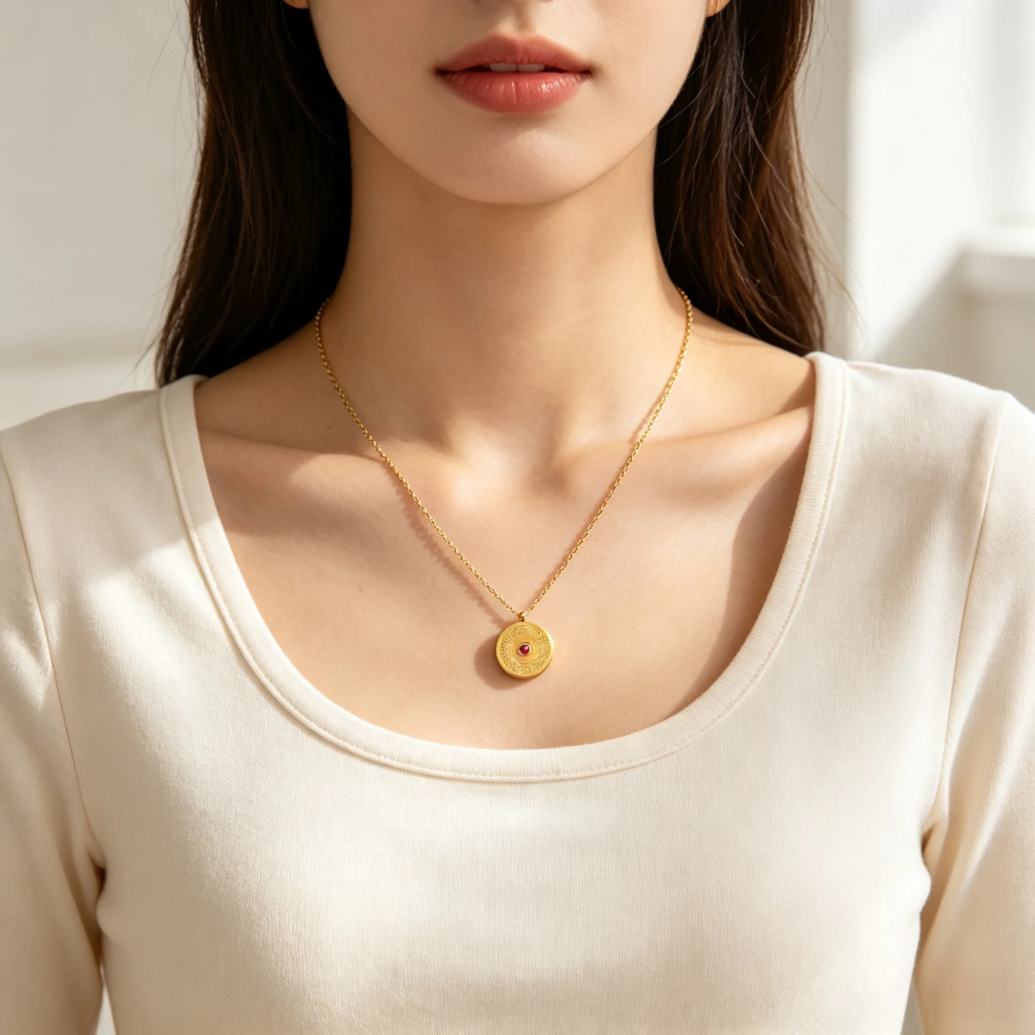 Unique Engraved Arabic Coin Necklace for Women, Shiny Red Rhinestone Inlaid Round Pendant Stainless Steel Necklace, Vintage Style Statement Jewelry Gift