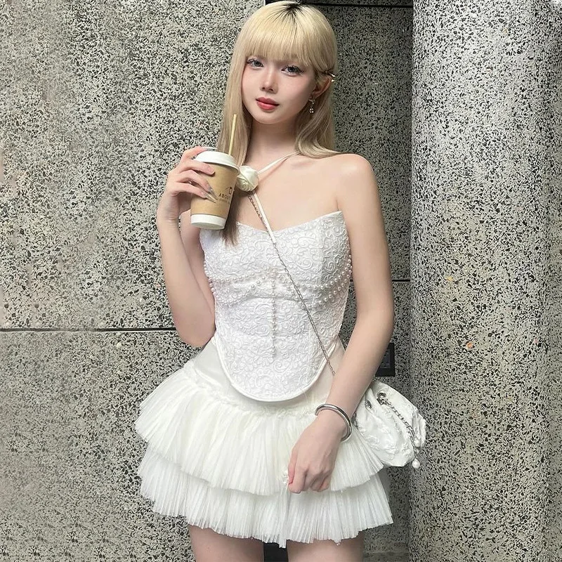 

DSMTRC New Party Clubwear Irregular Pearl Outfits Woman Sleeveless Bandage Strapless Short Top+White Mini Skirts 2Pcs Tracksuits