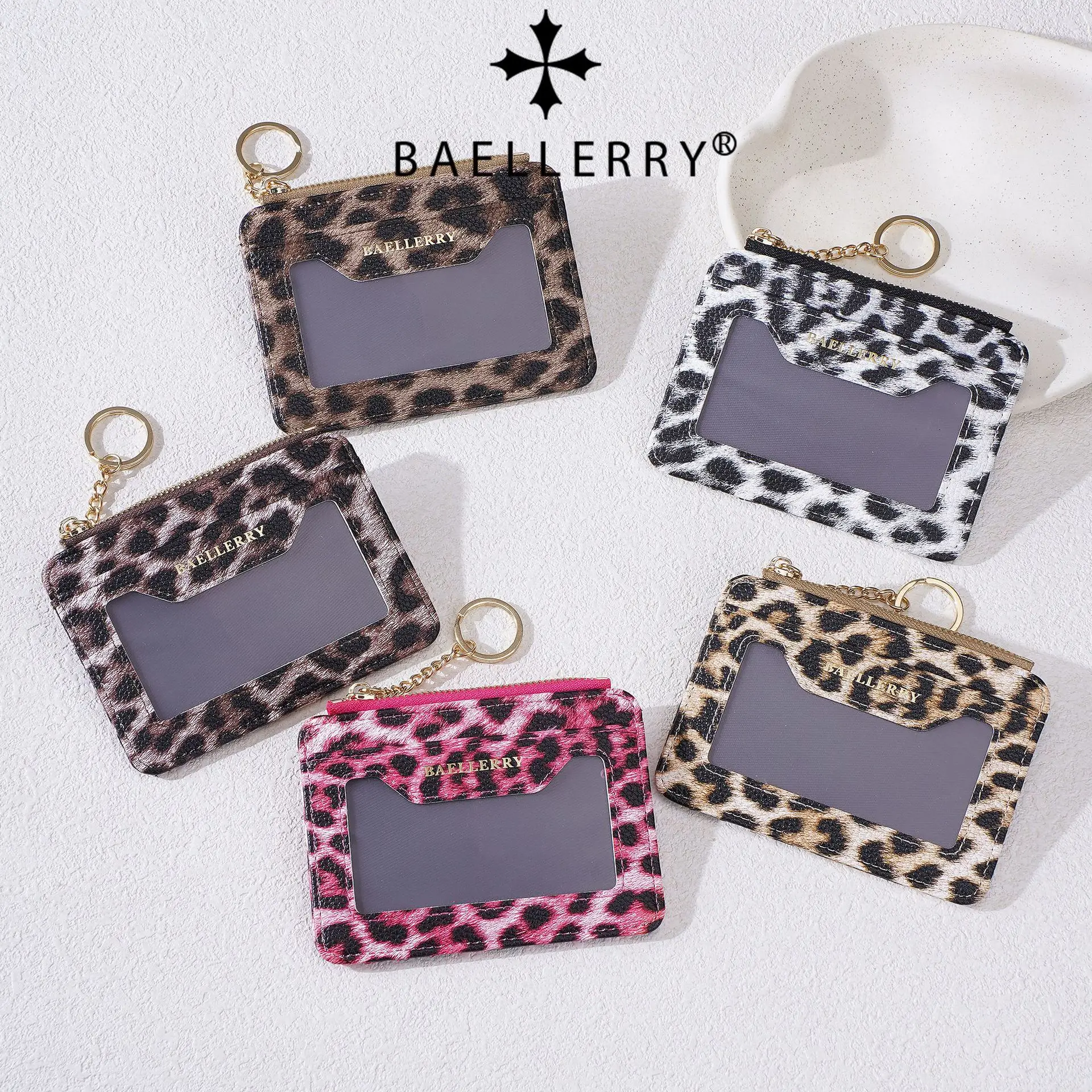 Leopard Print Mini Card Wallet Women Keychain Coin Purse PU Leather Multi Card Slots Clear ID Window Zipper Small Pouch Portable