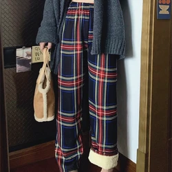 Thicken Lamb Wool Full Length Wide Leg Pants Harajuku Y2K Plaid Pants for Women Students 4XL Loose Winter Fleece Trousers Casual