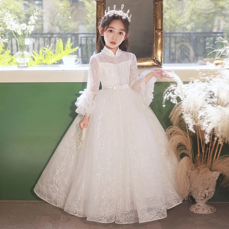 

Kids Dresses For birthday Party Wedding costume Lace white pearl Beading Long sleeved Children Pageant Gown Girls Princess Dress