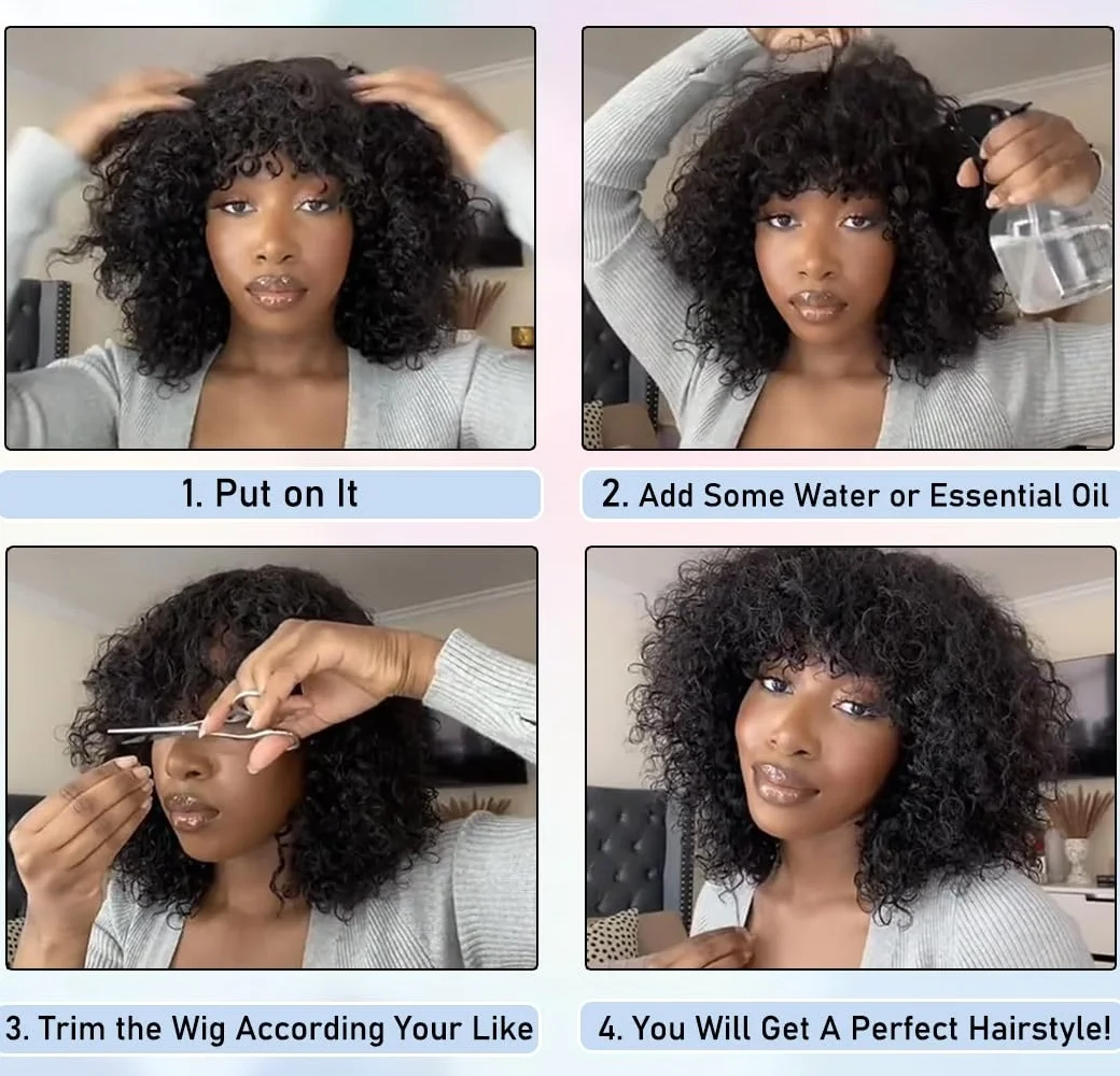 앞머리가 있는 짧은 인모 가발, 흑인 여성용 워터 웨이브 밥 가발, 레미 인모 기계 제작 곱슬머리 가발, 데일리용