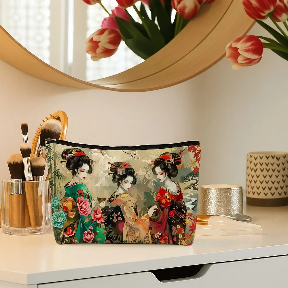 Japanese Geisha Woman Floral Print Cosmetic Bag Vintage Minimalist Zipper Toiletry Pouch Suitable for Travel Essentials 5