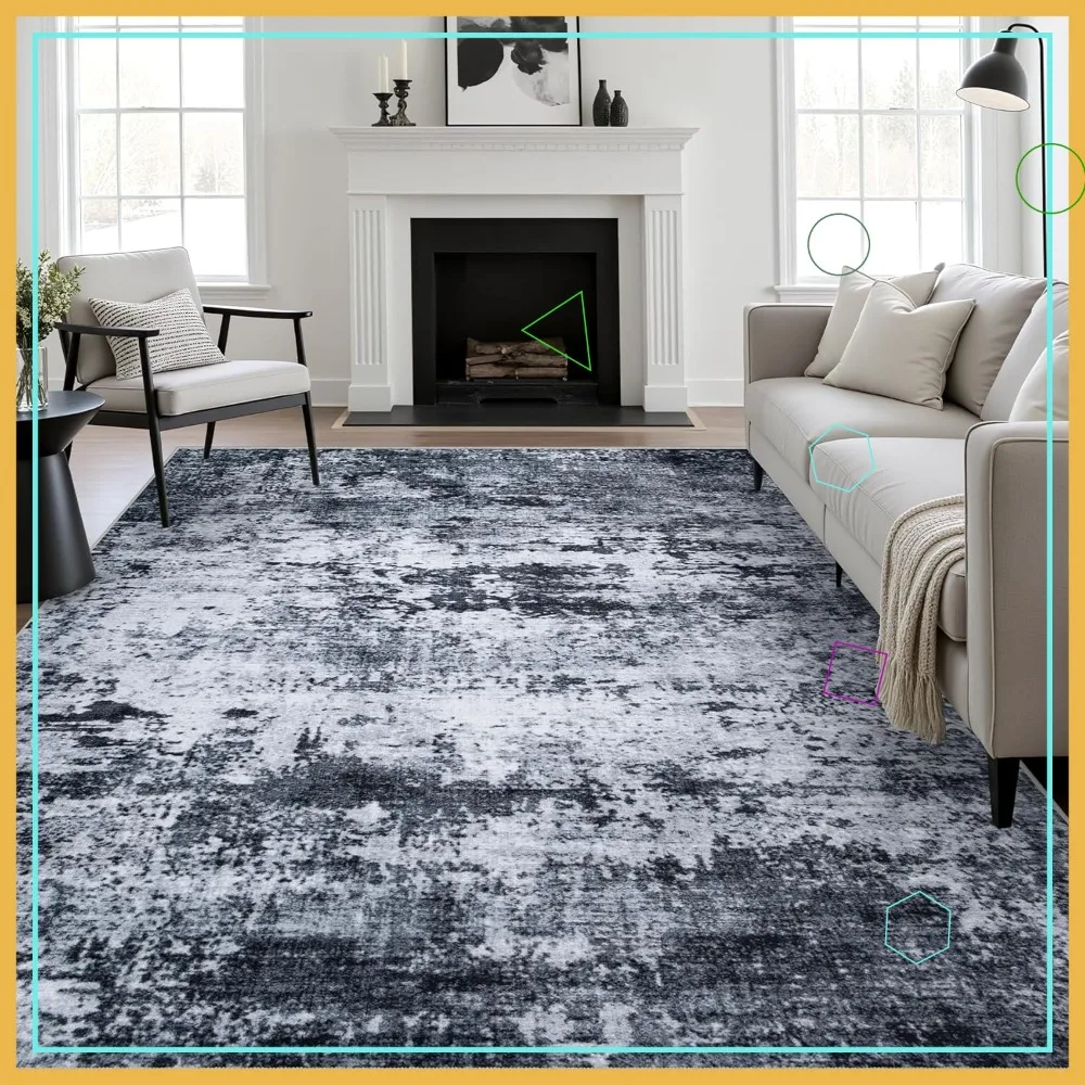 

6x9 Washable Abstract Area Rug, Non-Slip Soft Thin Indoor Carpet for Living Room Bedroom Dining Office - Black