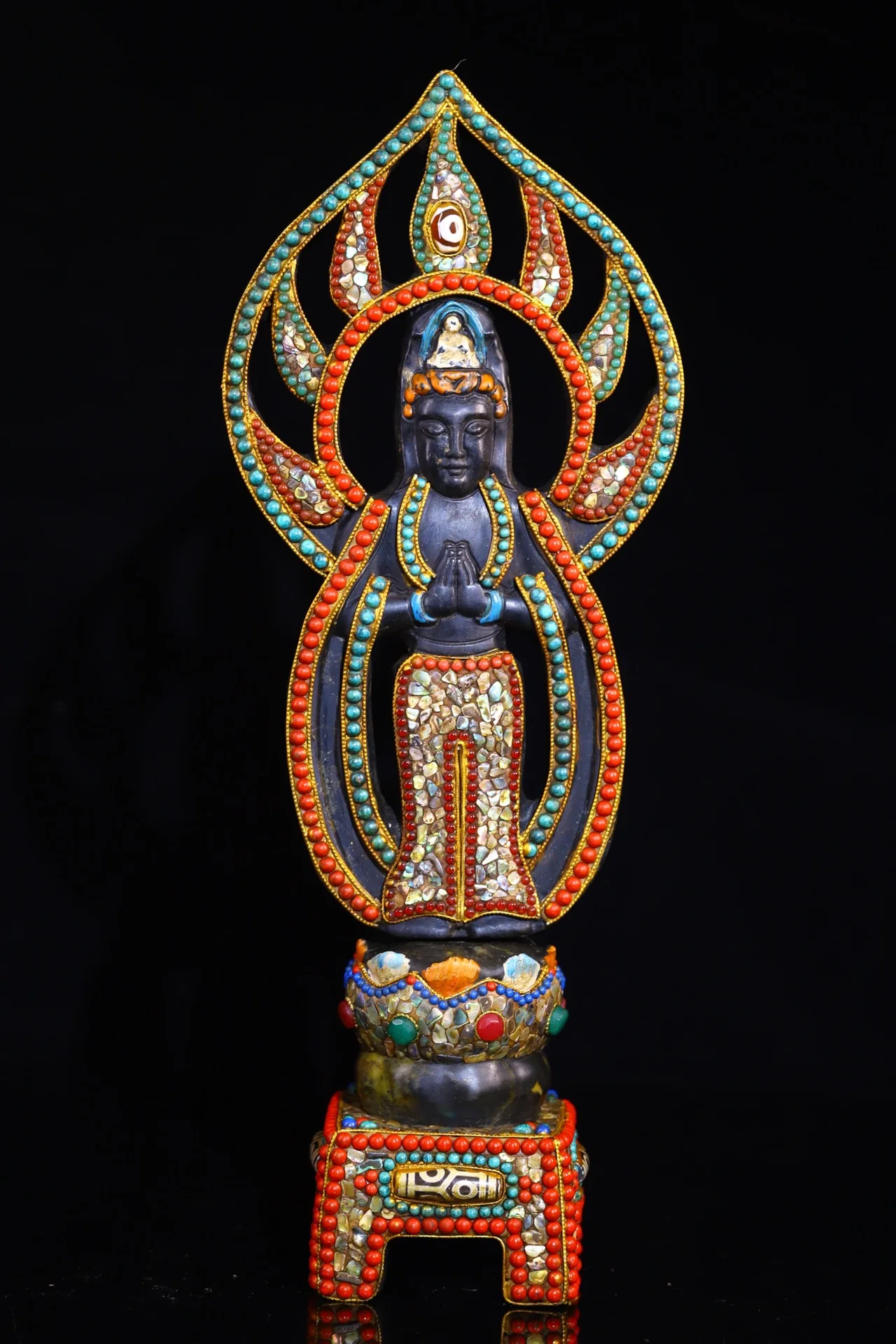 Xizang Folk Collection Old Natural Meteorite Filigree Mosaic Gem gZi Beads  Guanyin Bodhisattva Standing Buddha Town House