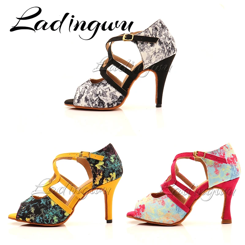 Ladingwu Denim Printing Latin Dance Shoes Women Shoes Dacne Professional Salsa Dance Shoes Suede Black Pink and Yellow