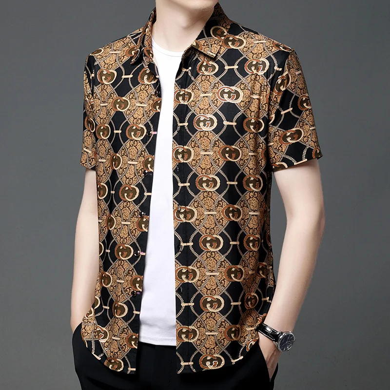 Men's High-Grade Gilded Shirt Trendy Korean-Style Short-Sleeved Classic Gilded Shirt Summer Gilded Shirt