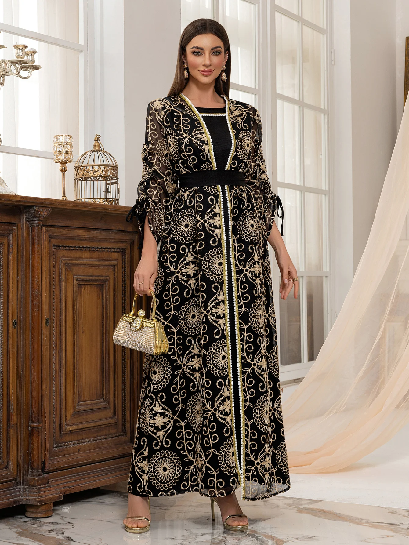 Dubai Women Muslim 2 Piece Abaya Black with Golden Intricate Patterns Bow - tied Sleeves Beaded Trim for UAE Saudi Arabia Qatar