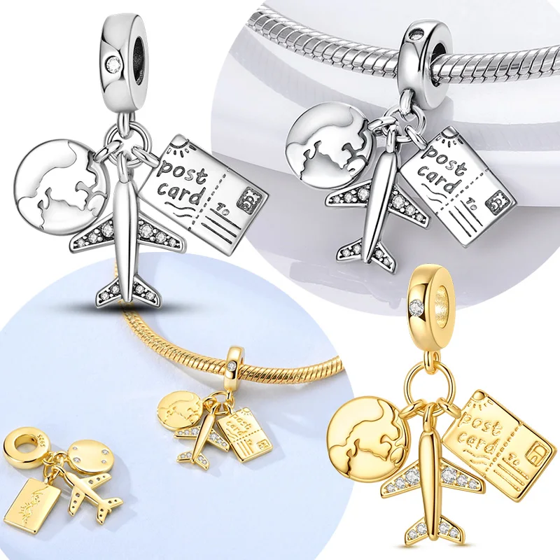 Original 925 Sterling Silver Charm Bead Gold Airplane Earth Post Card Pendant Fit Original Bracelet For Women DIY Jewelry Gift