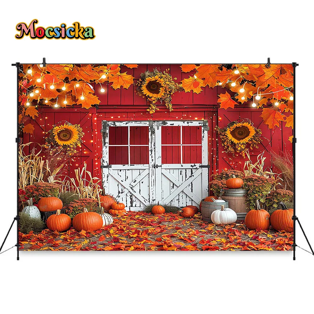 باب خشبي الحظيرة الحمراء ، خلفية التصوير الفوتوغرافي ، الخريف ، أوراق القيقب ، عباد الشمس ، اليقطين ، الأبيض ، استوديو الصور العائلية ، استوديو الصور