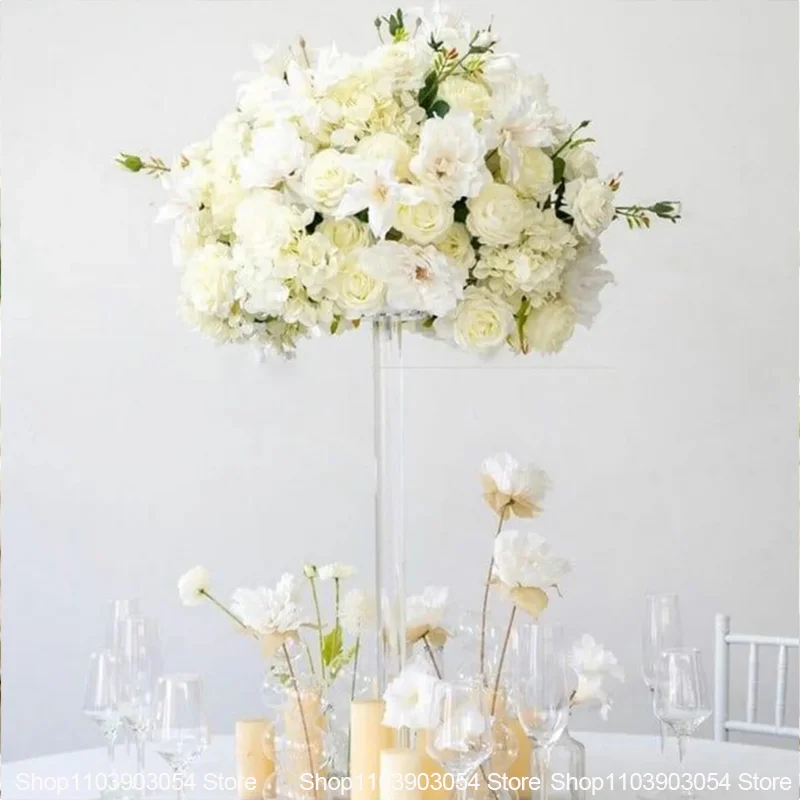 Weiße Hochzeitstischdekoration, künstliche Blumenarrangements, Hortensien, Rosen, Delphinien, Blumen für Hochzeitsfeier, Partydekoration – Detail 7
