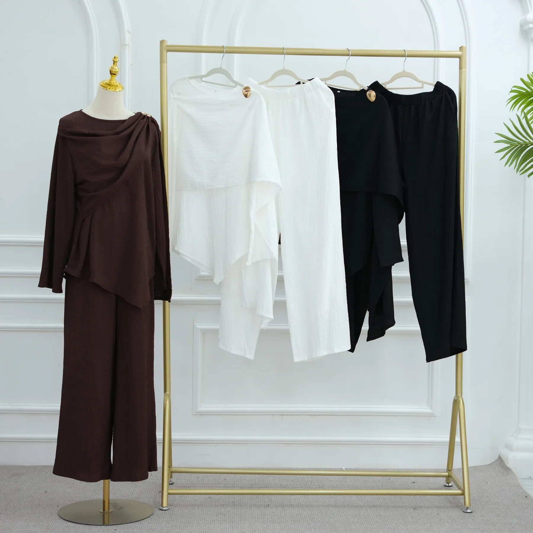 

Ramadan Muslim Women Tops Pants Set Matching Crinkle Islam Clothing Turkey Kaftan Dubai Abaya Outfits Femme Musulmane Ensembles